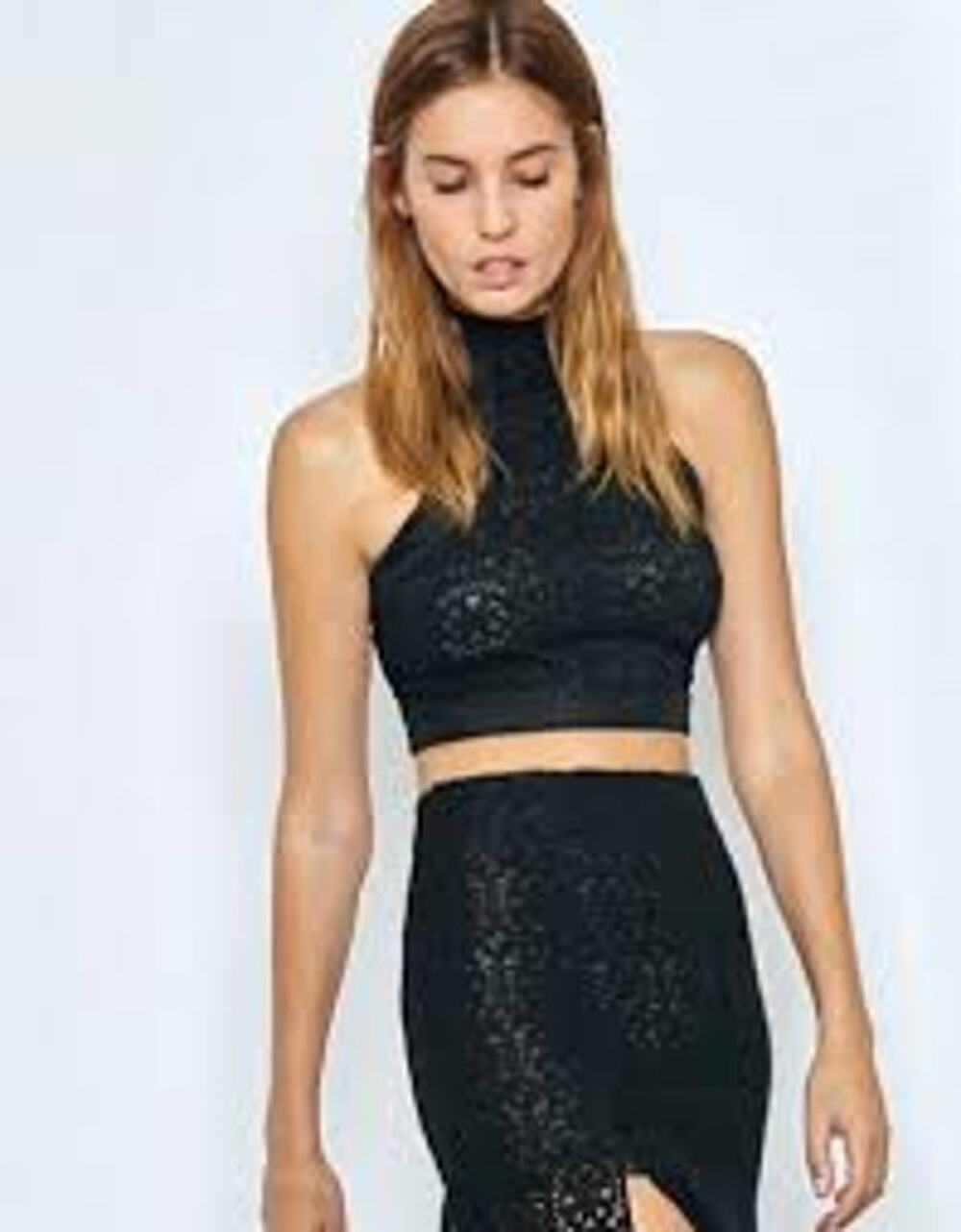 🖤 ALEXIS Janek Black Lace Mesh Crop Halter Top High Neck Size Medium